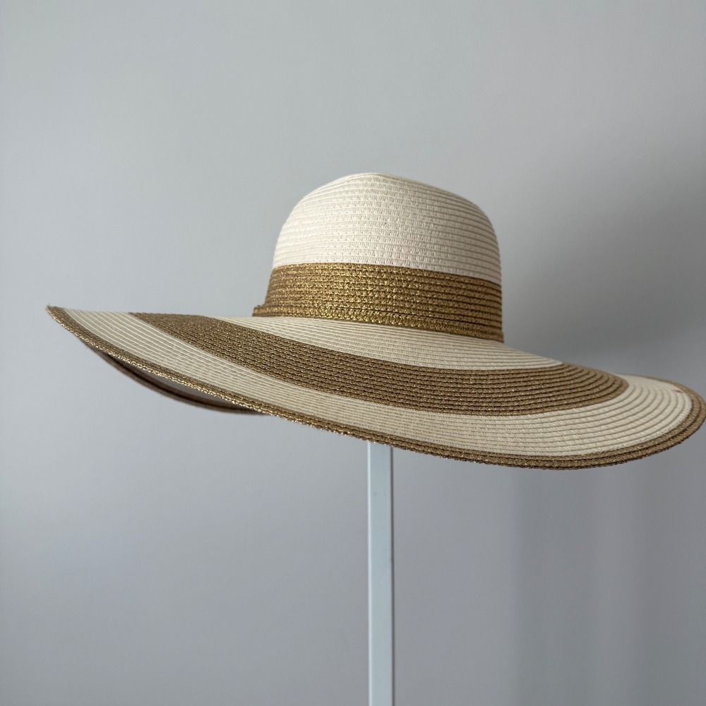 Scala OS White Gold Sun Hat Wide Brim Striped Metallic Chain Detail Beach Summer